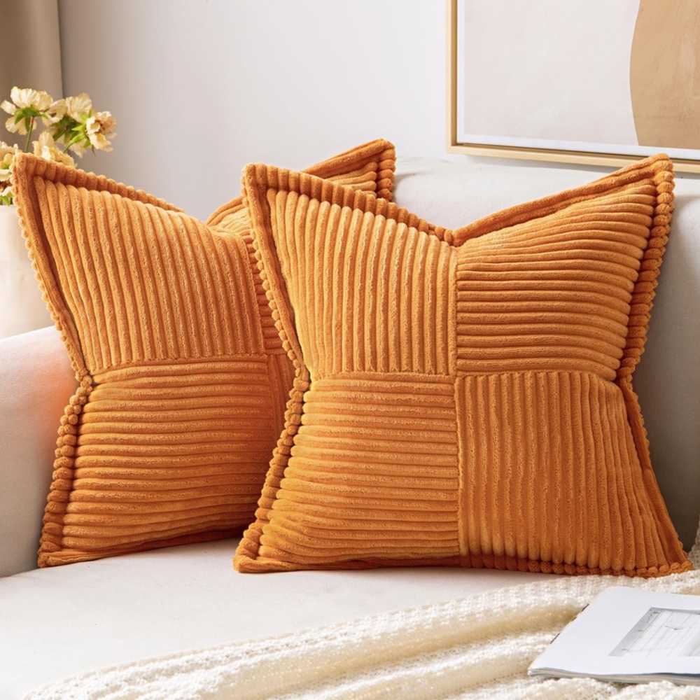 Burnt Orange Soft Corduroy SQUARE Patchwork Pillow Covers 18x18” (2-Pack) - Picture 3 of 5